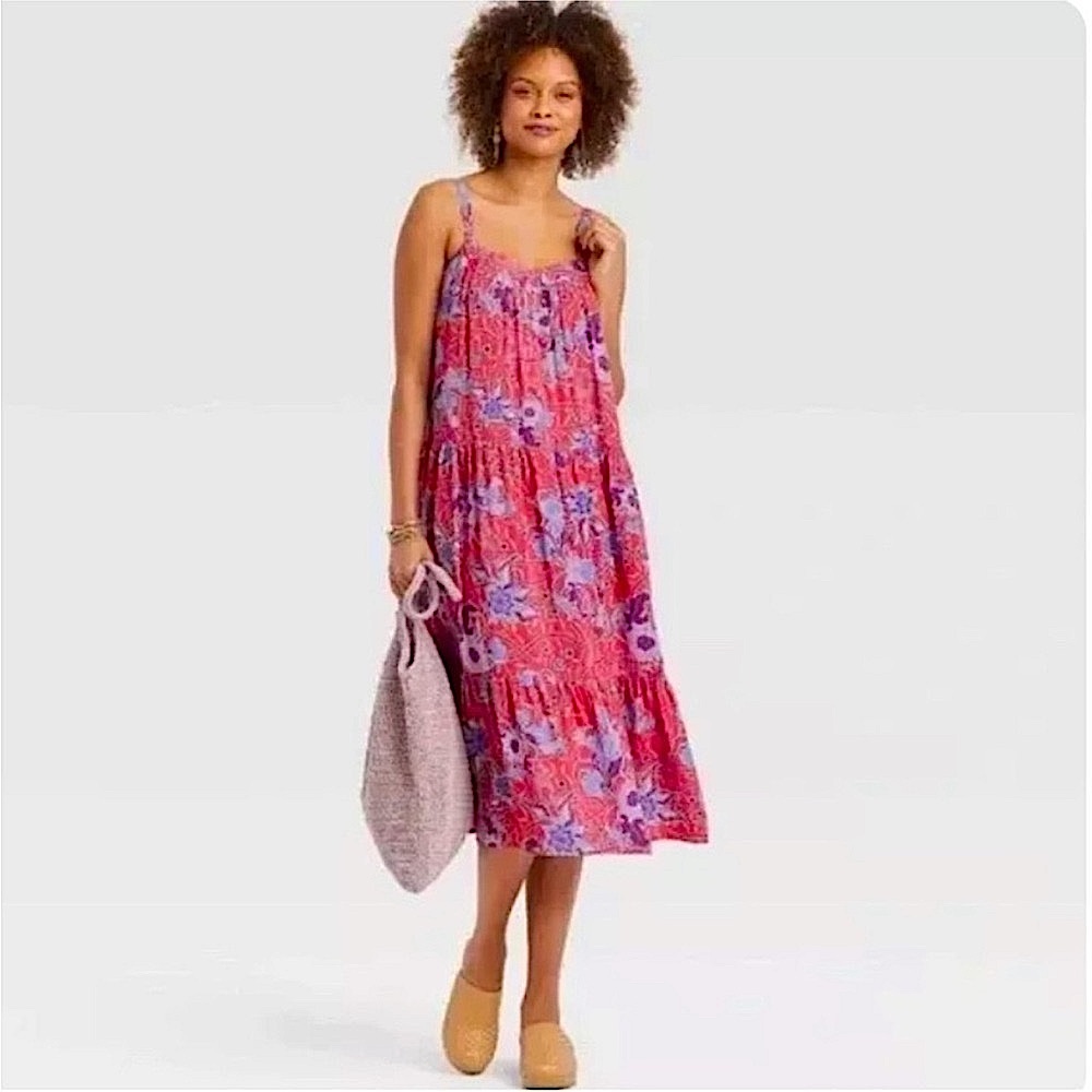 Knox Rose Pink Flower tiered boho full dress adjustable straps full skirt